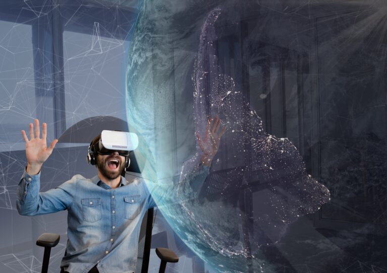 Digital composite of Surprised man in VR headset looking at a 3D planet against sky background Image description